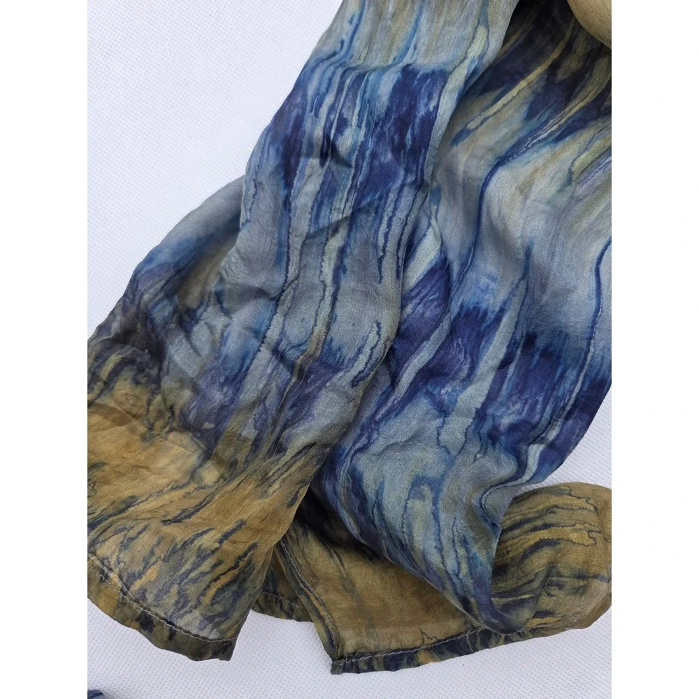 Blue Gold Abstract Tie Dye 100% Silk Scarf Long Sheer Made in India 21x72